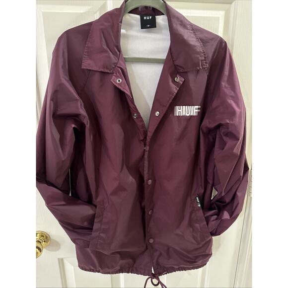 HUF Set H Coaches Jacket Mens Size Medium Maroon Snap Button Windbreaker EUC - Picture 1 of 10